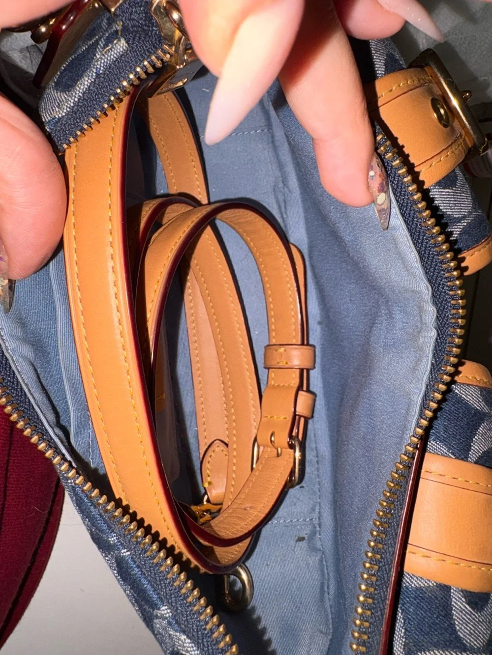 Blue Logo-Print Shoulder Bag with Tan Trim